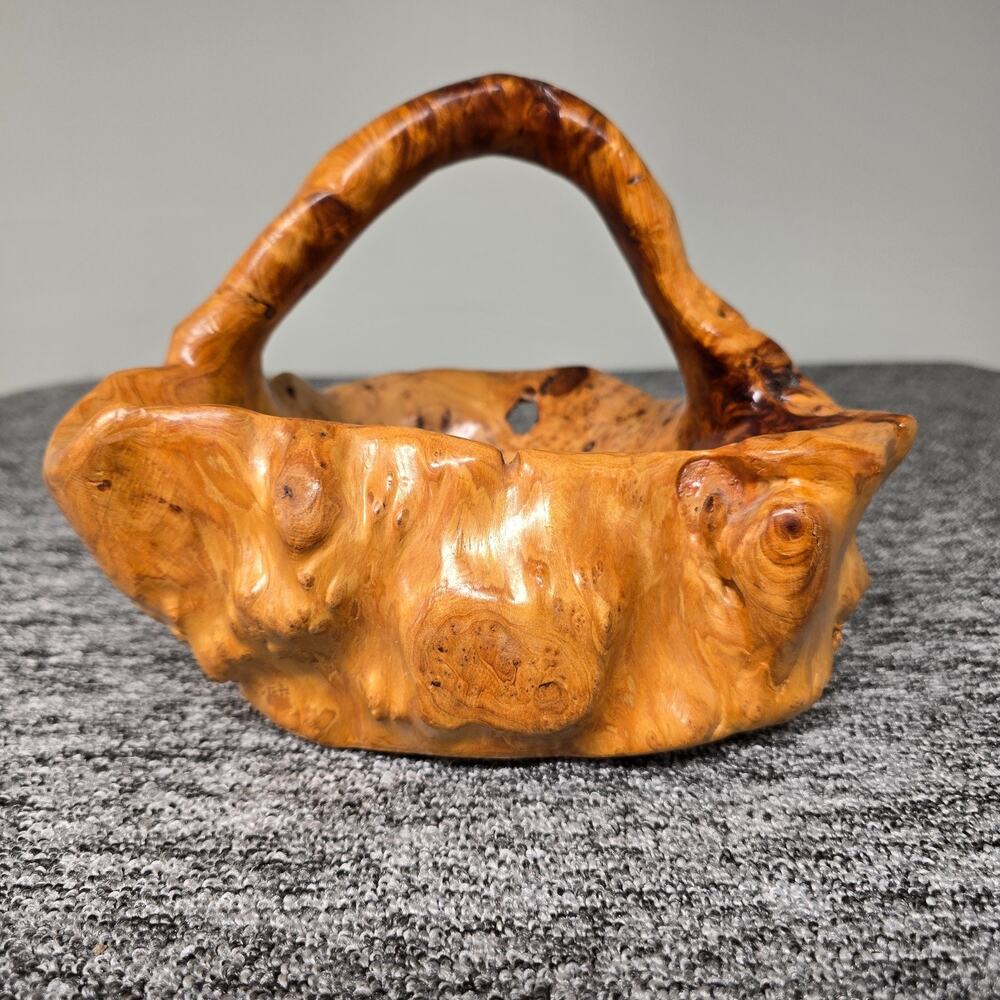 Vintage Live-Edge Burl Wood Basket Hand Carved Root Bowl Handle Rustic Art 10"